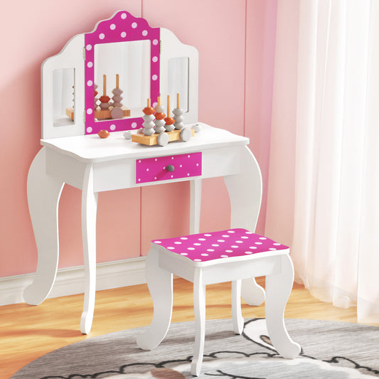 Kids Dressing Table Vanity Makeup Chair Set Wooden 3 Mirror Drawer - Pink