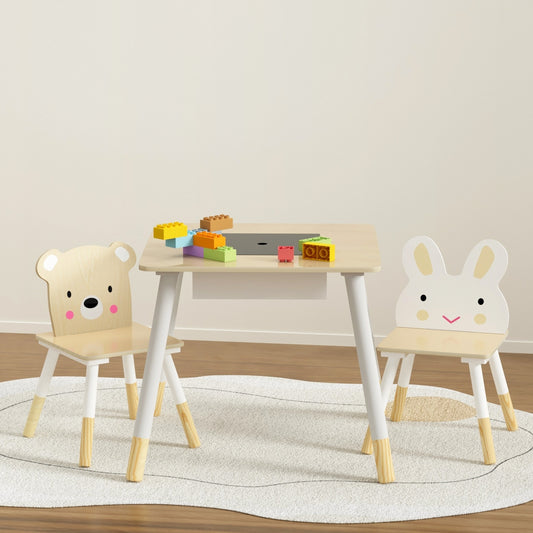 Phyllis 3-Piece Kids Table & Chairs Set Activity Desk Chalkboard Toy Hidden Storage - Natural