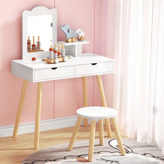 Kids Dressing Table Vanity Makeup Chair Set with Mirror Drawers Wooden Legs - Pink