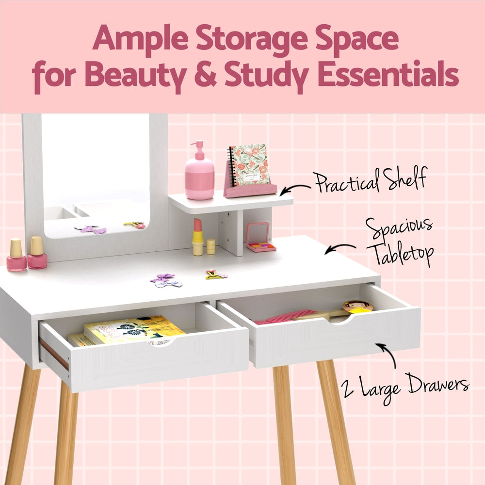 Kids Dressing Table Vanity Makeup Chair Set with Mirror Drawers Wooden Legs - Pink