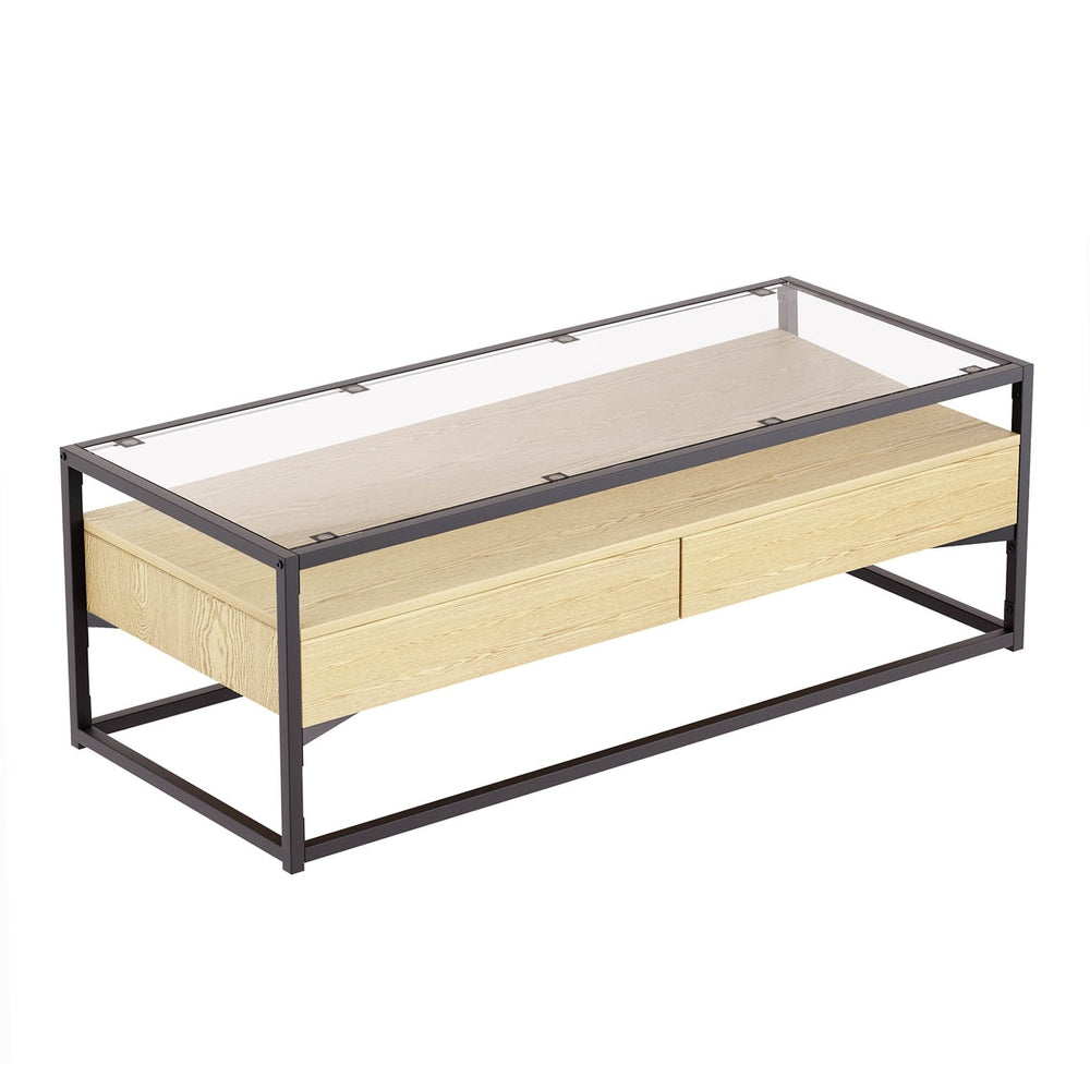 Ilion Coffee Table 2 Drawers Glass Tabletop - Pine