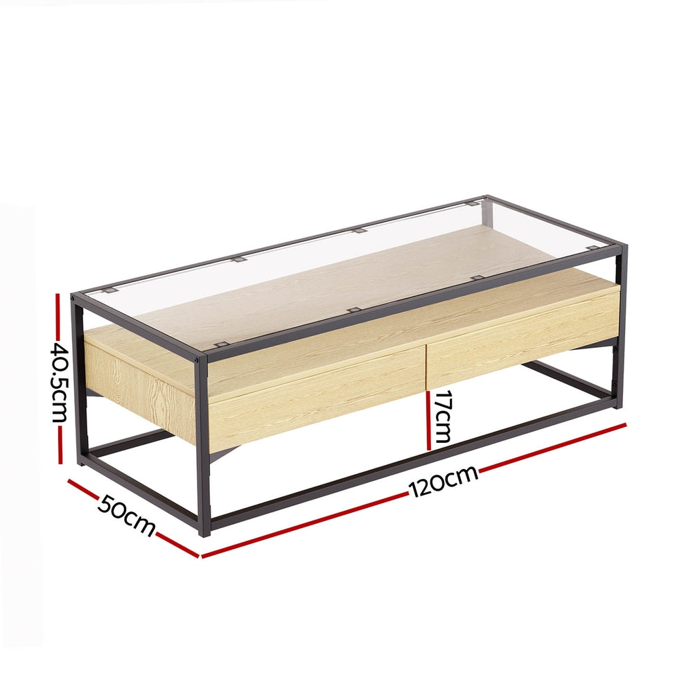 Ilion Coffee Table 2 Drawers Glass Tabletop - Pine