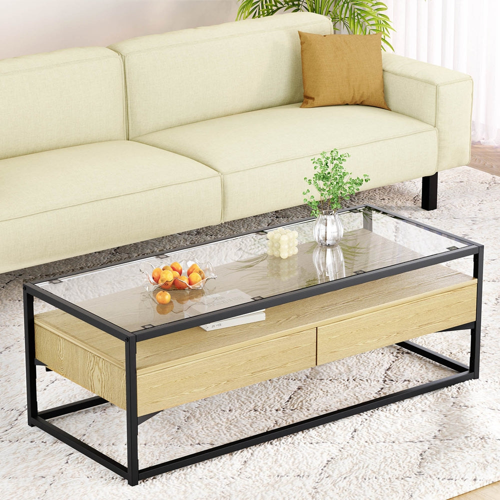 Ilion Coffee Table 2 Drawers Glass Tabletop - Pine