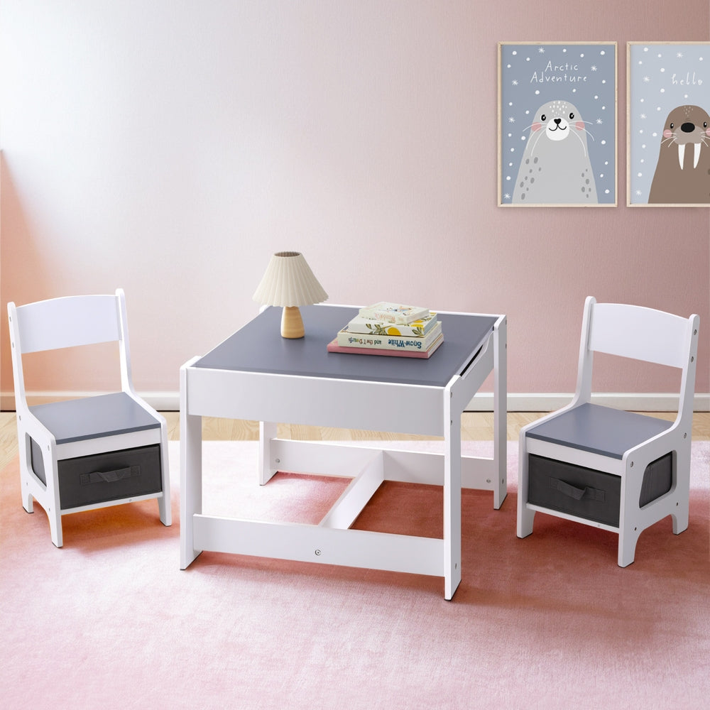 Pheby 3-Piece Kids Table & Chairs Set Play Activity Toys Storage Chalkboard Desk - Grey