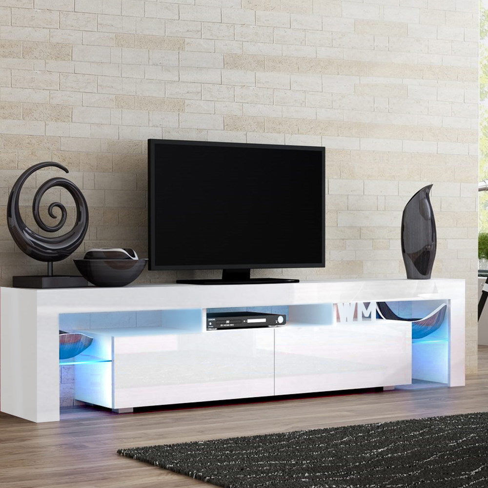 Denby 189cm RGB LED TV Stand Cabinet Entertainment Unit Gloss Furniture Drawers Tempered Glass Shelf - White