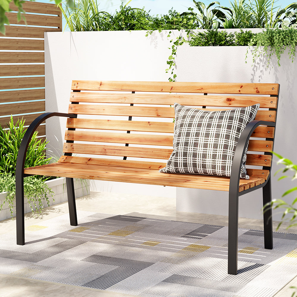 Valdi Outdoor Wooden Garden Bench Steel 2 Seater Patio Furniture - Natural