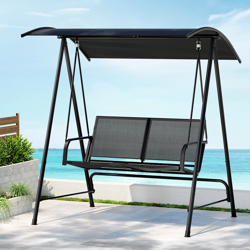 Evan Outdoor Swing Chair Garden Bench 2 Seater Canopy Patio - Black