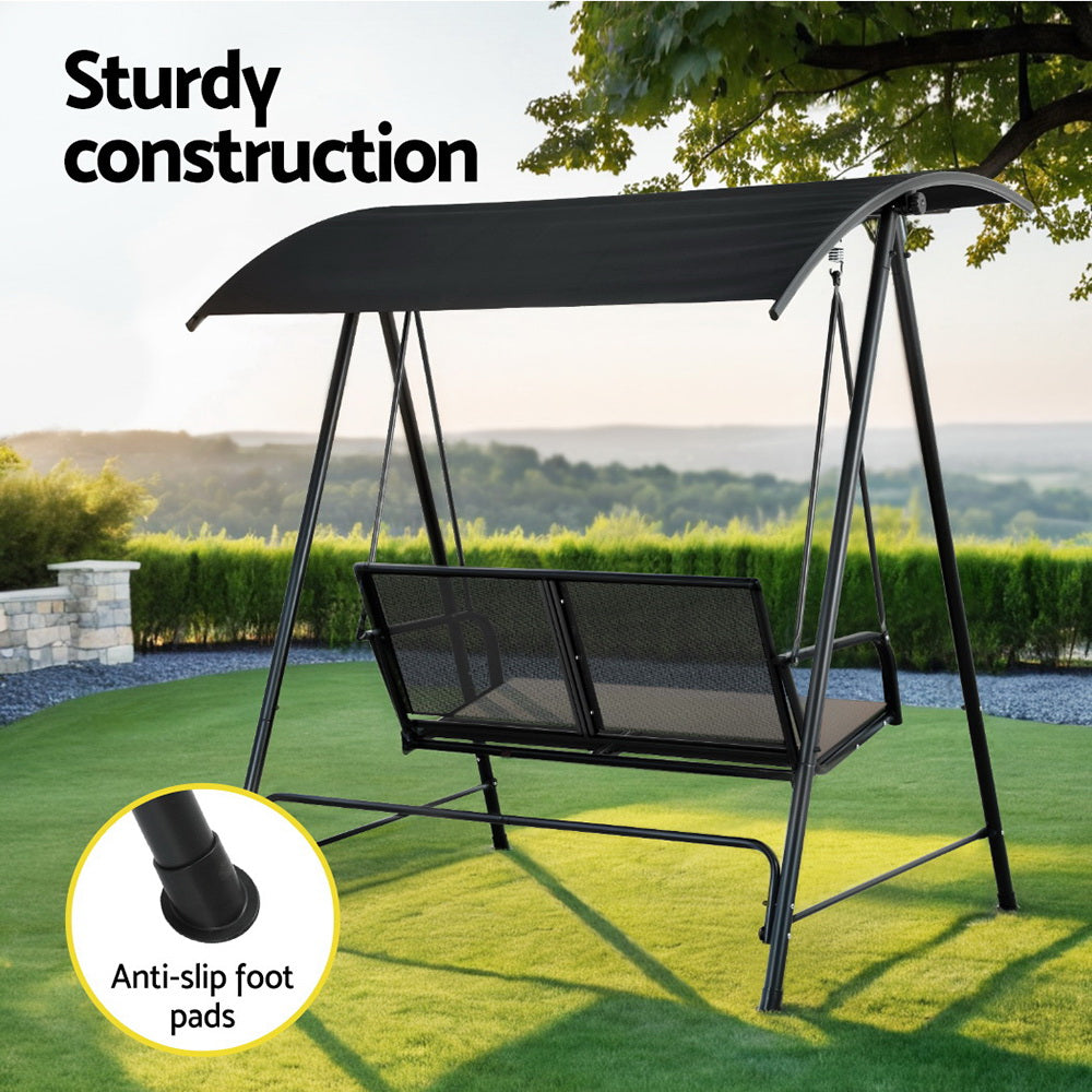 Evan Outdoor Swing Chair Garden Bench 2 Seater Canopy Patio - Black