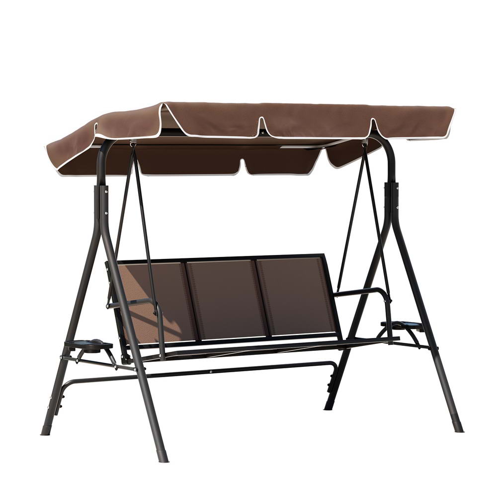 Astride Outdoor Swing Chair Garden Furniture Canopy Cup Holder 3-Seater - Brown