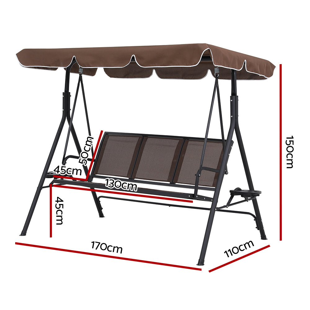 Astride Outdoor Swing Chair Garden Furniture Canopy Cup Holder 3-Seater - Brown