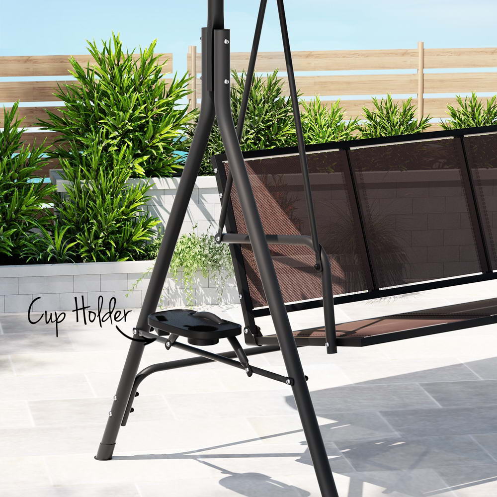 Astride Outdoor Swing Chair Garden Furniture Canopy Cup Holder 3-Seater - Brown