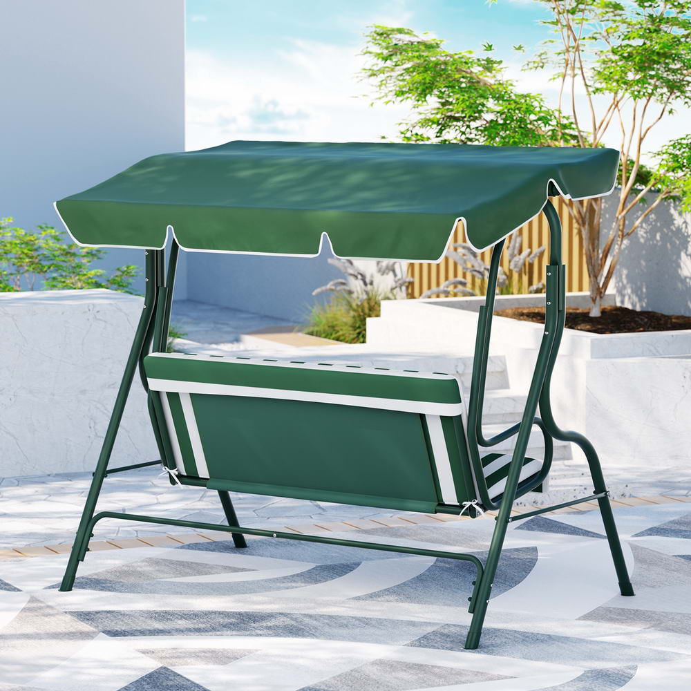 Astride Outdoor Swing Chair Garden Bench Furniture Canopy 3-Seater - White Green