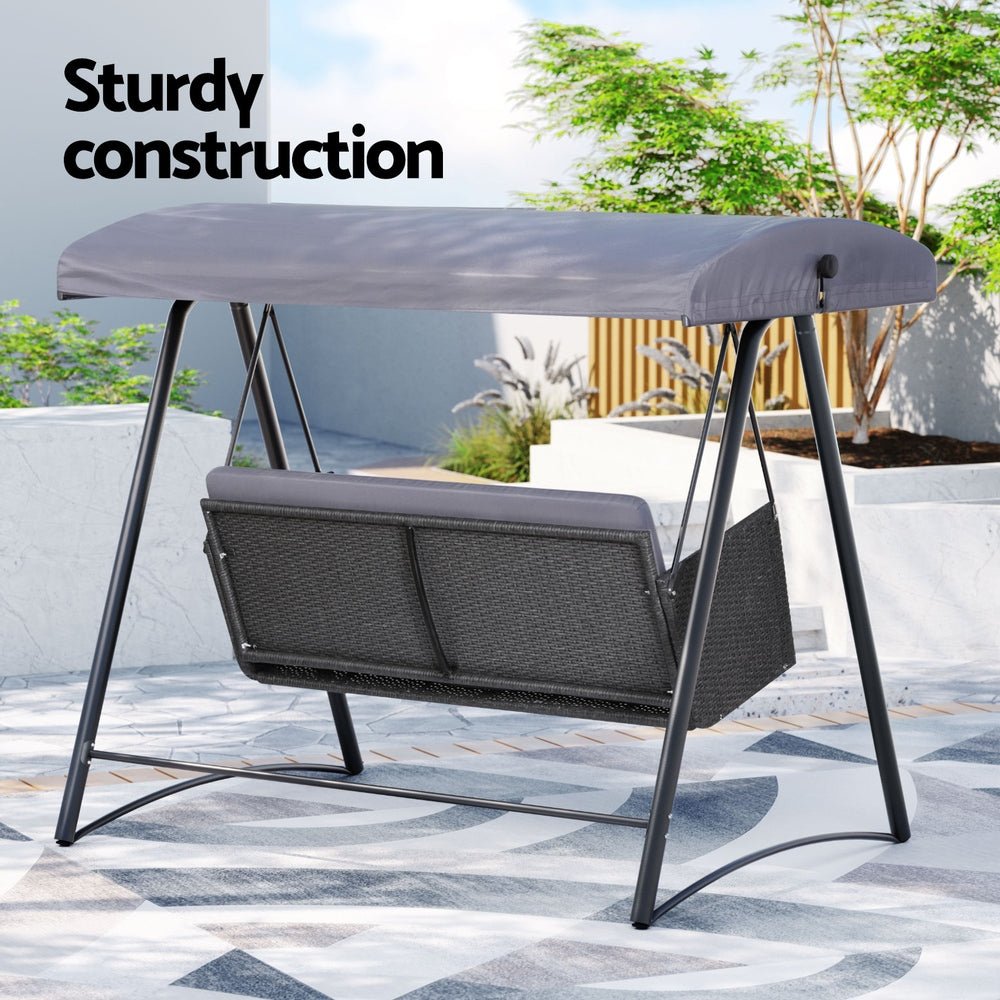 Rattan Swing Chair with Canopy Outdoor Garden Bench 3 Seater Grey