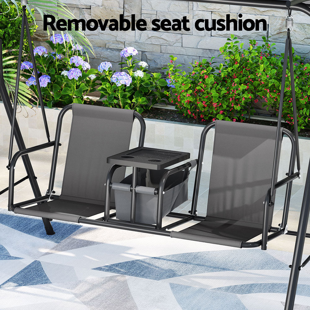 Hannah Outdoor Patio Swing Chair 2 Seater Canopy Table Top Cup Holder - Grey