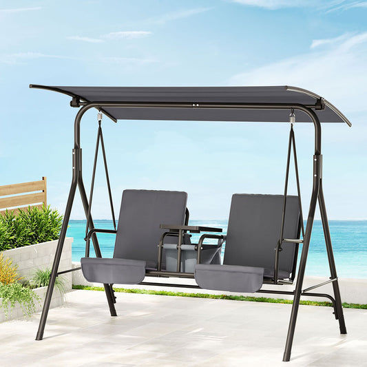 Hannah Outdoor Swing Chair Garden Chair Canopy Cup Holder 2 Seater - Grey