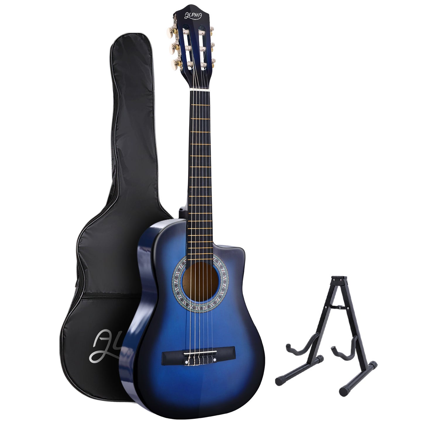 Alpha 34 Inch Classical Guitar Wooden Body Nylon String w/ Stand Beginner Blue