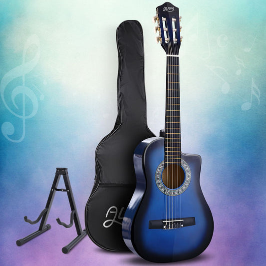 Alpha 34 Inch Classical Guitar Wooden Body Nylon String w/ Stand Beginner Blue