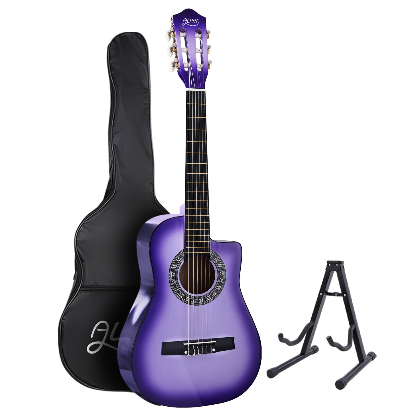 Alpha 34 Inch Classical Guitar Wooden Body Nylon String w/ Stand Beginner Purple