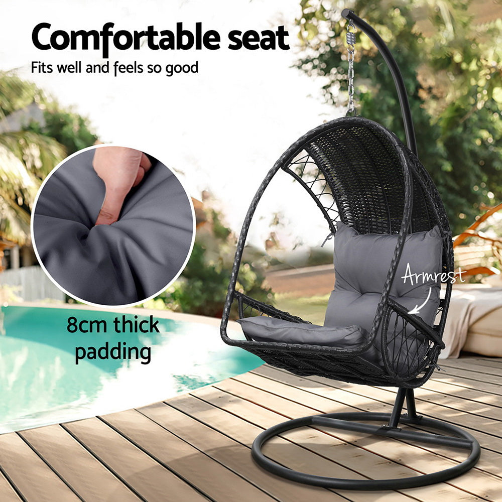 Layla Outdoor Egg Swing Chair with Stand Cushion Wicker Armrest - Black