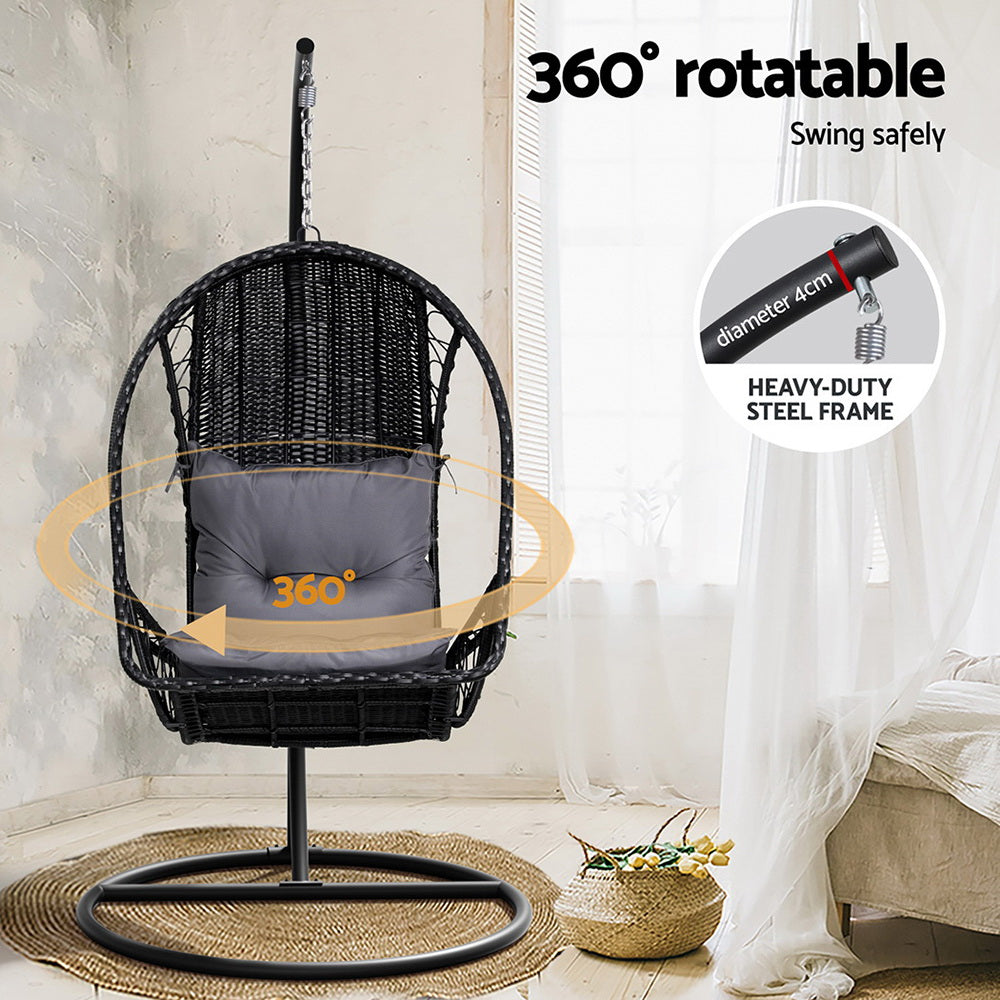 Layla Outdoor Egg Swing Chair with Stand Cushion Wicker Armrest - Black