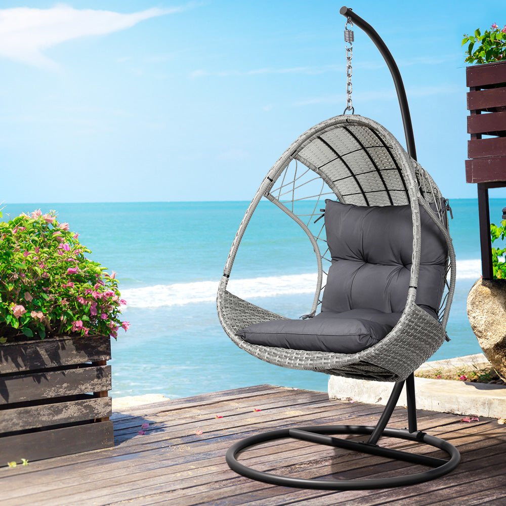 Layla Outdoor Egg Swing Chair with Stand Cushion Wicker Armrest - Light Grey