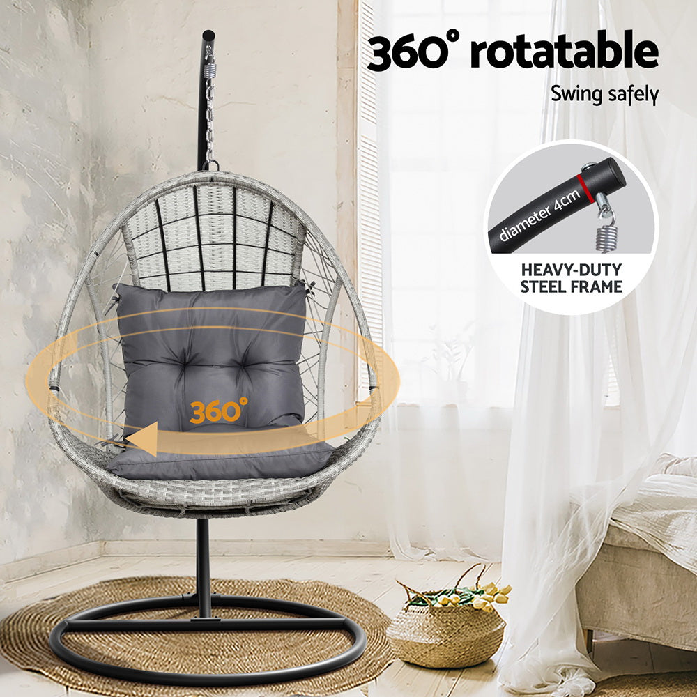 Layla Outdoor Egg Swing Chair with Stand Cushion Wicker Armrest - Light Grey