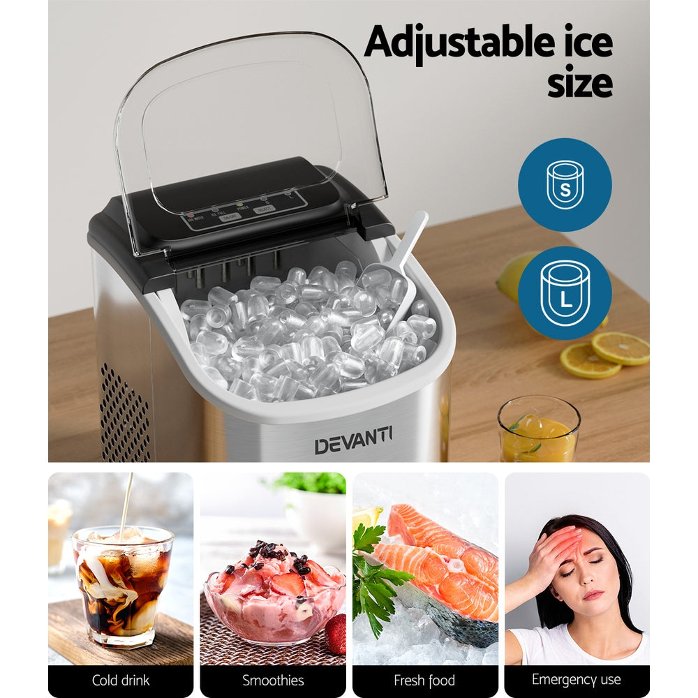 Devanti 12kg Ice Maker Machine with Self Cleaning Silver