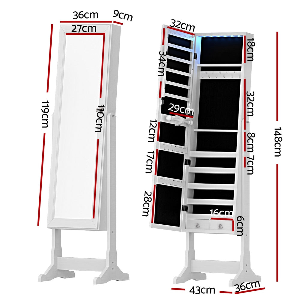 Jewellery Cabinet Mirror Free Standing - White