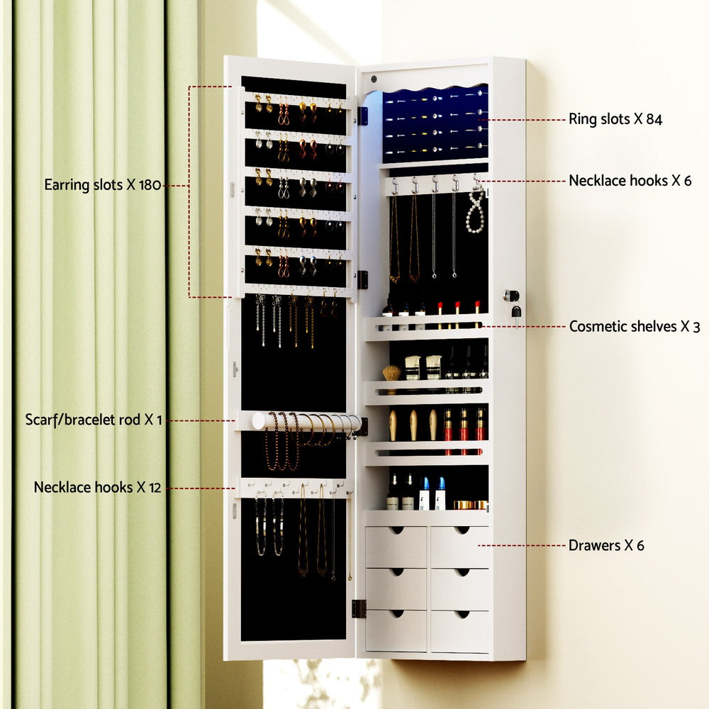 Jewellery Cabinet LED Mirror Lockable - White