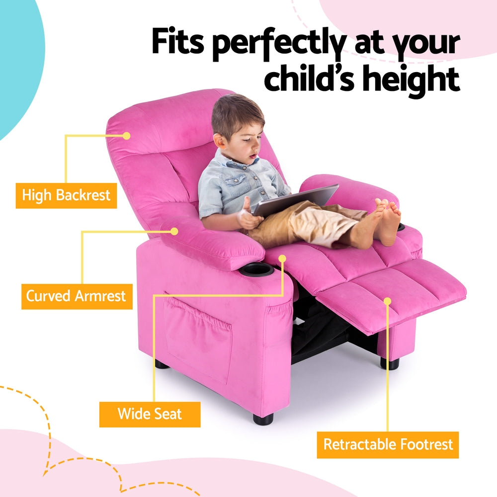 Pippa Kids Recliner Chair Velvet Sofa Lounge Couch Children Chairs Armchair - Pink