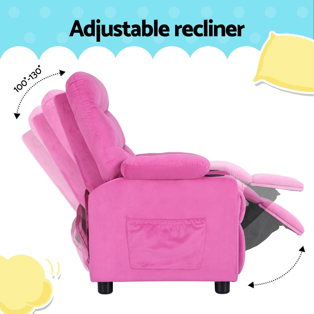 Pippa Kids Recliner Chair Velvet Sofa Lounge Couch Children Chairs Armchair - Pink