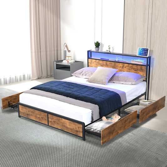 Maylen LED Bed Frame with 4 Drawers and USB Charger - Brown Queen