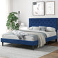 Assen Bed Frame Base Platform Wooden Velvet with Headboard Blue - Queen