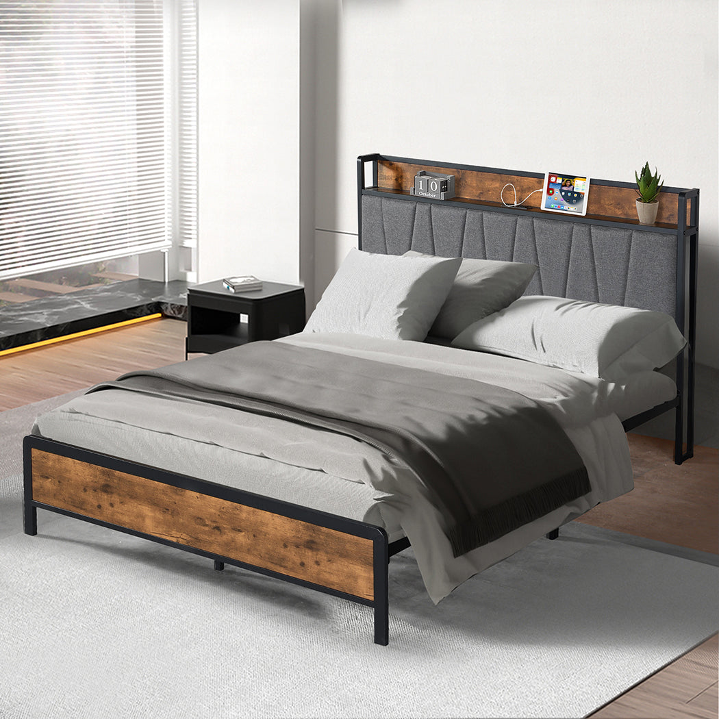 Eras Bed Frame Tufted Headboard USB Charge - Wood & Black Queen