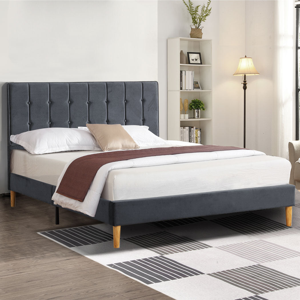 Venlo Bed Frame Base Platform Wooden Velvet with Headboard Grey - Queen