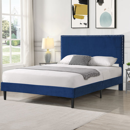 Velsen Bed Frame Base Platform Wooden Velvet with Headboard Blue - Queen