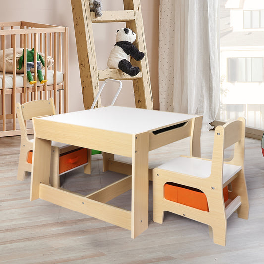 Phyllys 3-Piece Kids Table & Chairs Set Storage Box Toys Play Desk Wooden Study - White & Wood