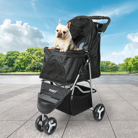 Pet Stroller 3 Wheels Dog Cat Cage Puppy Pushchair Travel Walk Carrier Pram - Black