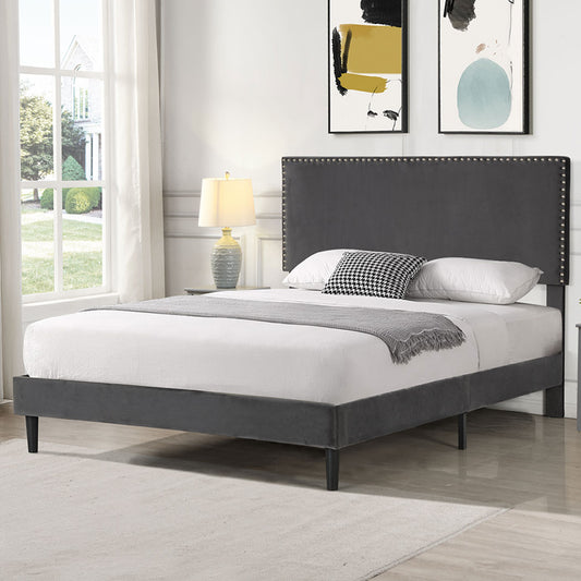 Velsen Bed Frame Base Platform Wooden Velvet with Headboard Grey - Double