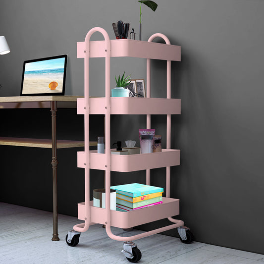 4 Tiers Kitchen Trolley Cart Steel Storage Rack Shelf Organiser Pink