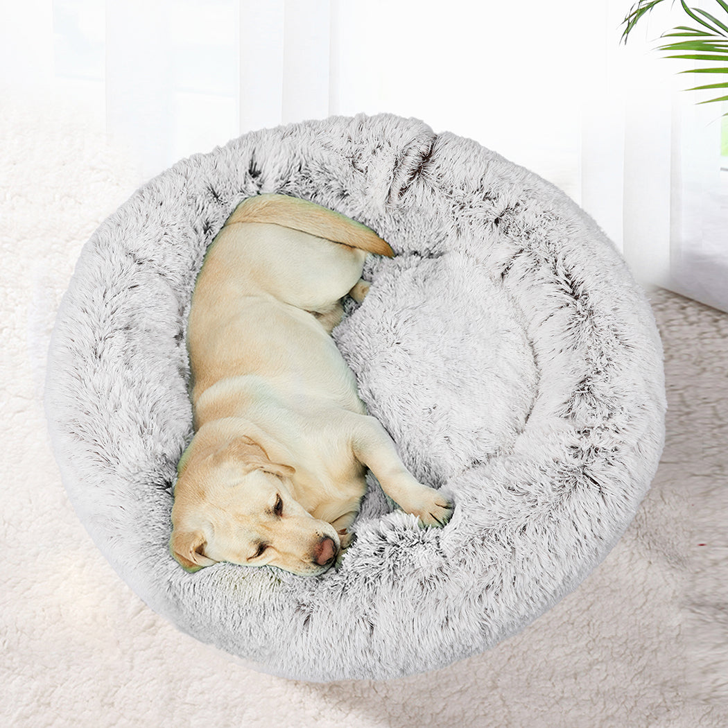 Foxhound Dog Beds Pet Cat Donut Nest Calming Mat Soft Plush Kennel - White with Coffee Hint MEDIUM