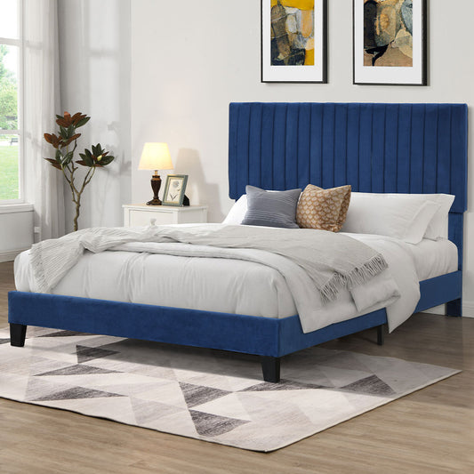 Cheyenne Bed Frame Base Platform Wooden Velvet with Headboard Blue - Queen