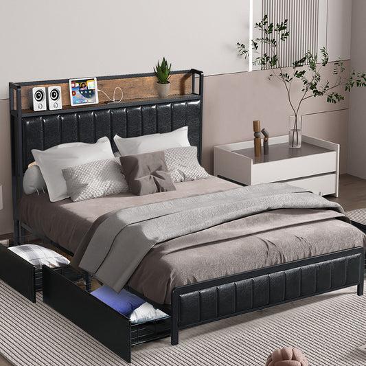 Fargo Bed Frame PU with 4 Drawers and USB Charger - Black Queen