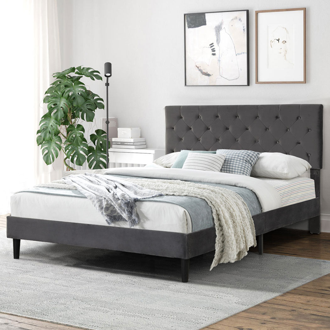 Assen Bed Frame Base Platform Wooden Velvet with Headboard Grey - Queen