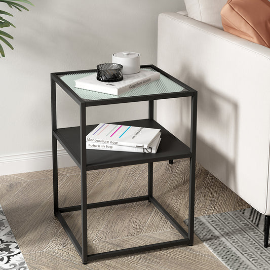 Ileana 2-Tier Side Open Design Steel Home Shelf Safety Glass End Table - Black