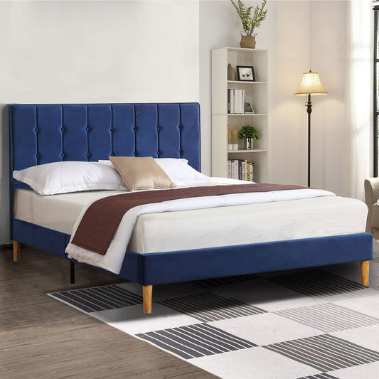 Venlo Bed Frame Base Platform Wooden Velvet with Headboard Blue - Double