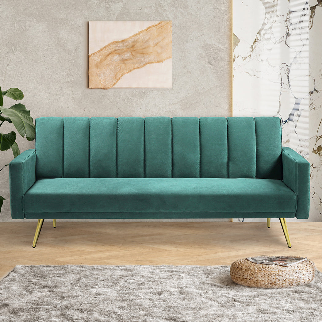 Mari 3-Seater Sofa Bed Convertible Velvet Lounge Recliner Couch Sleeper - Green