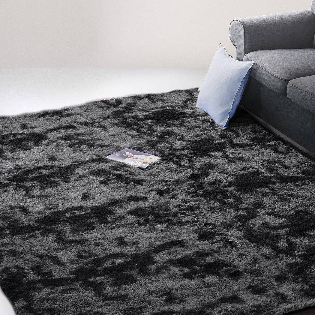 Caden 200x230 Floor Rug Shaggy Soft Large Area Rugs Tie-Dyed - Black