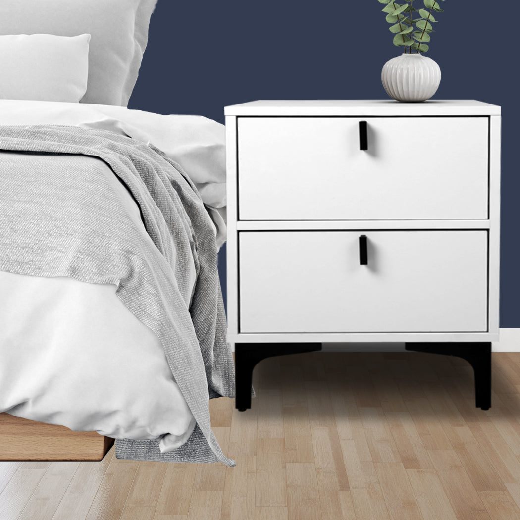 Lethbridge Wooden Steel Frame Bedside Tables Side Table Bedroom Nightstand Storage Cabinet with 2 Drawers - White