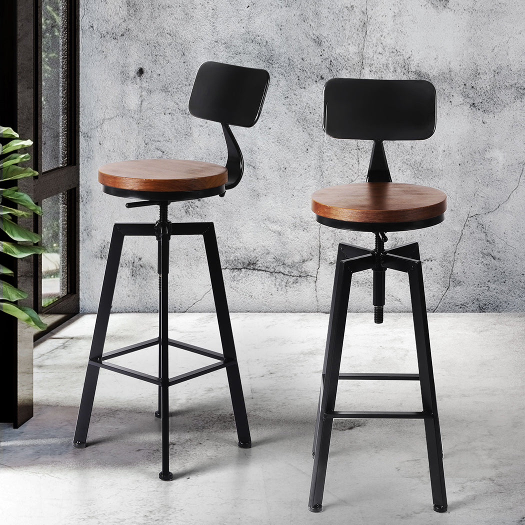 Set of 4 Marseille Industrial Bar Stools Chairs Kitchen Stool Wooden Barstools Swivel - Black & Wood